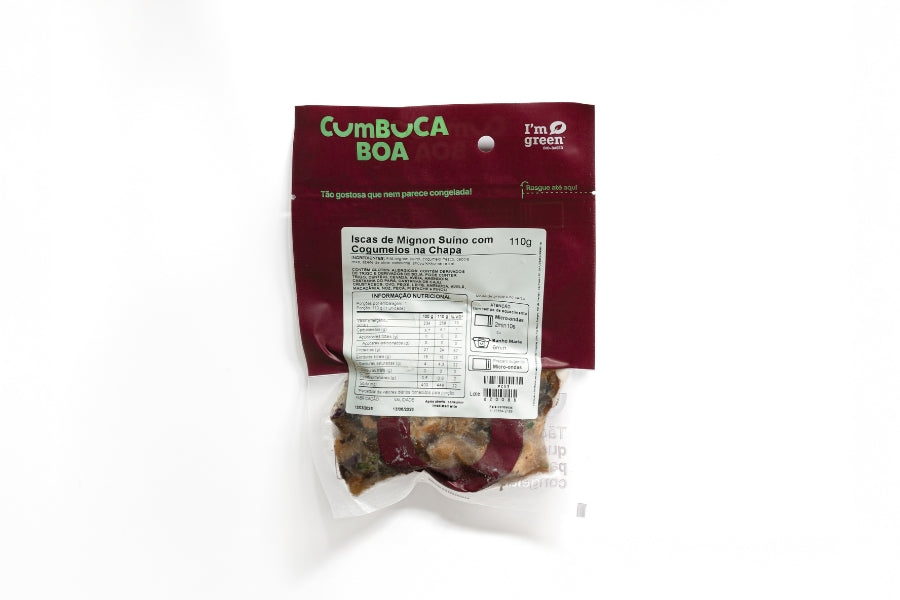 Iscas de Mignon Suíno com Cogumelos, Arroz Integral e Brócolis ao Alho