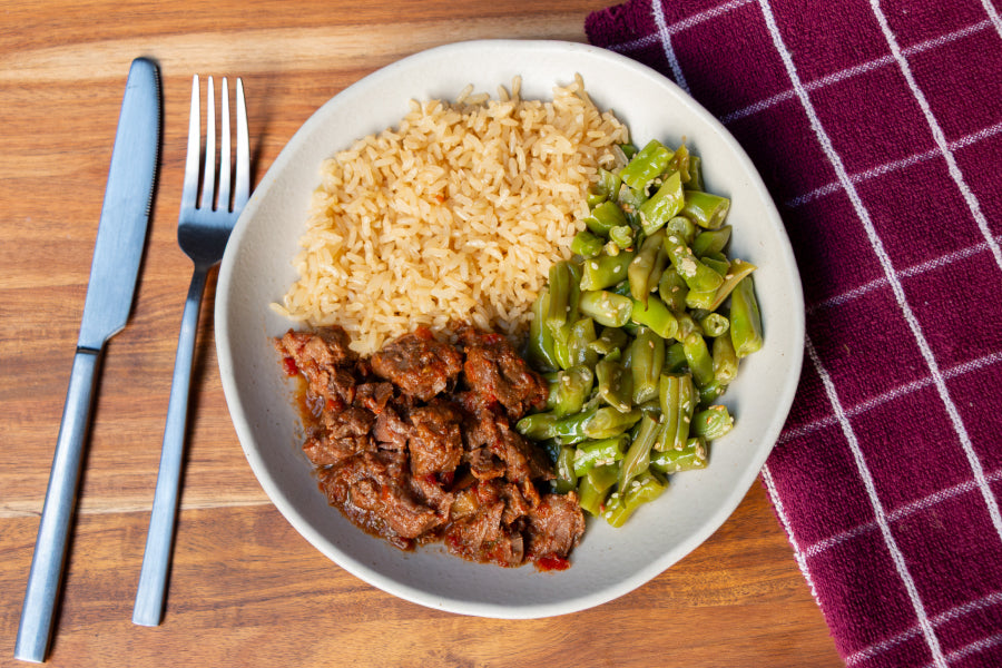 Músculo com Bardana, Arroz Integral e Vagem com Gergelim