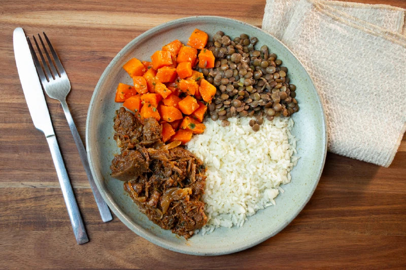 Carne de Panela da Rosinha, Arroz Branco, Lentilha e Cenoura Refogada