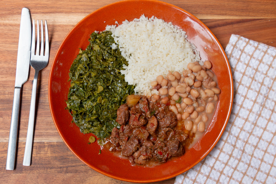 Músculo com Bardana, Arroz Branco, Feijão Carioca e Couve Manteiga