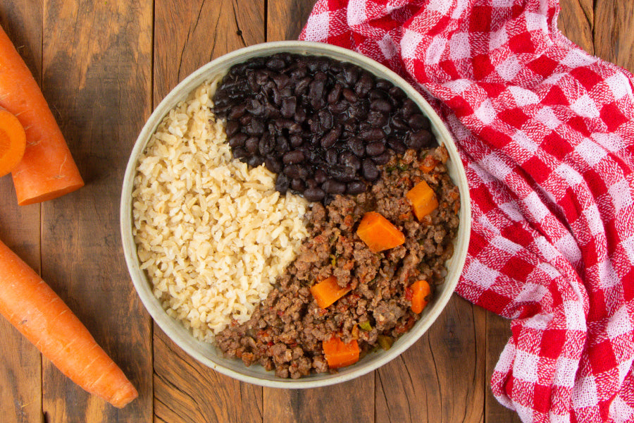 Carne Moída, Arroz Integral e Feijão Preto