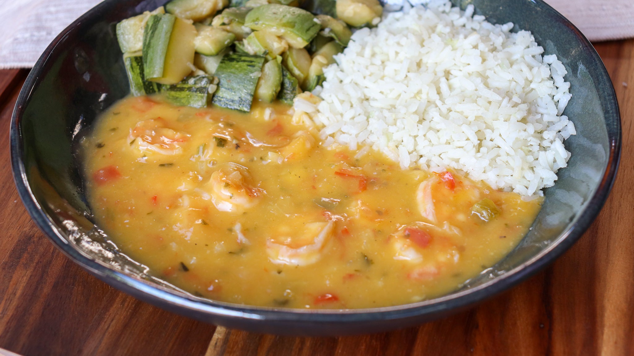 Bobó de Camarão, Arroz Branco e Abobrinha Refogada