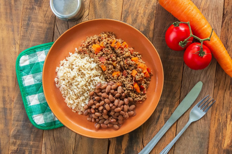 Carne Moída, Arroz Integral e Feijão Carioca